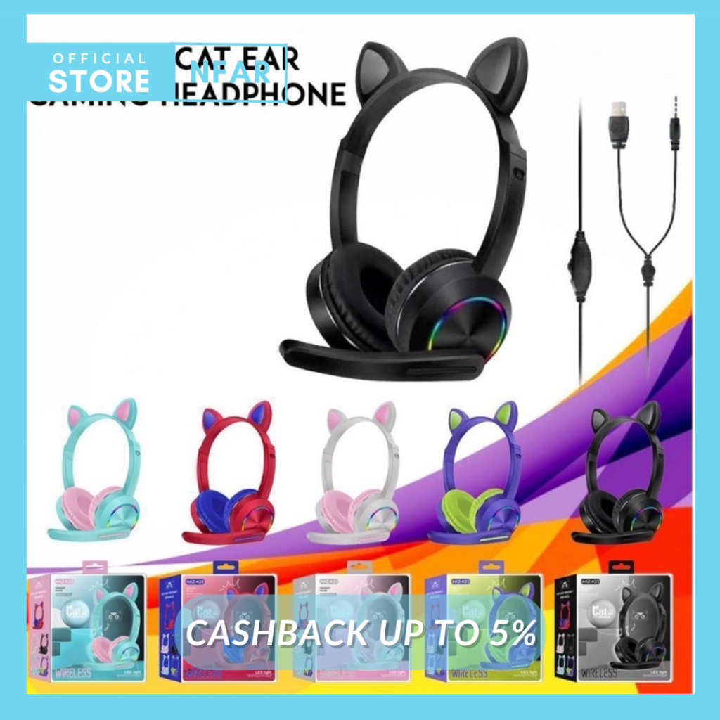 Jual Headphone Gaming Cat Ear AKZ20 LED Wired Headset Telinga Kucing