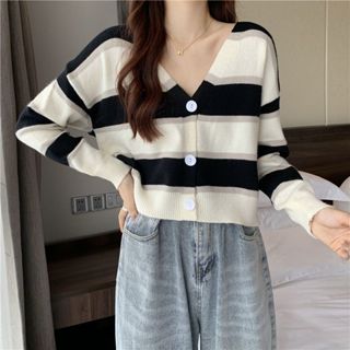 Jual Ajw Cardigan Crop Rajut Korean Style Wak Cardigan Stripe Wanita Kekinian Rajut Import