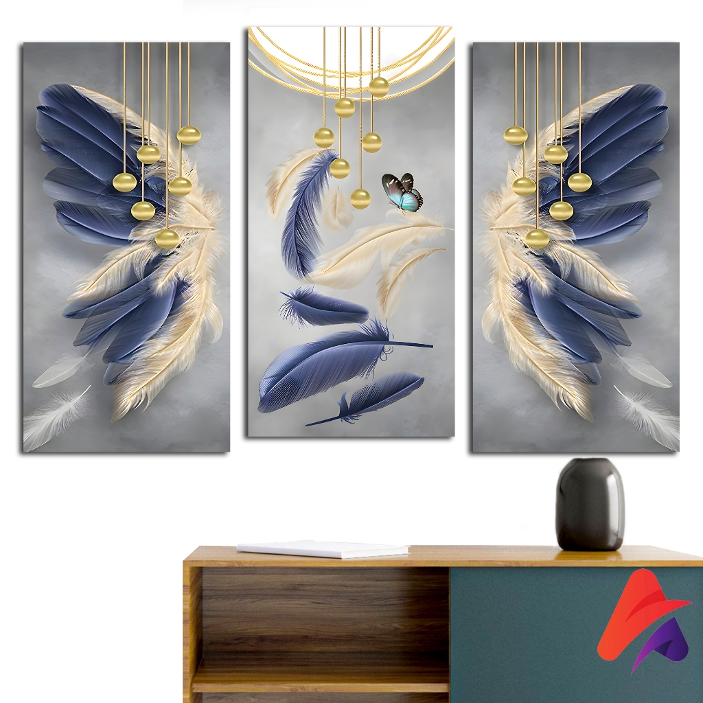 HIASAN DINDING BUNGA BULU ART FEATHER BLUE AND GOLD (15X30 CM) DEKORASI DINDING ABSTRAK BULU