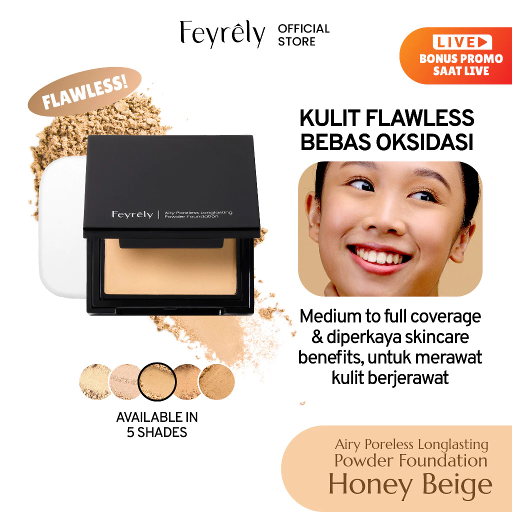 FEYRELY Airy Poreless Longlasting Powder Foundation - Honey Beige | Bedak Padat