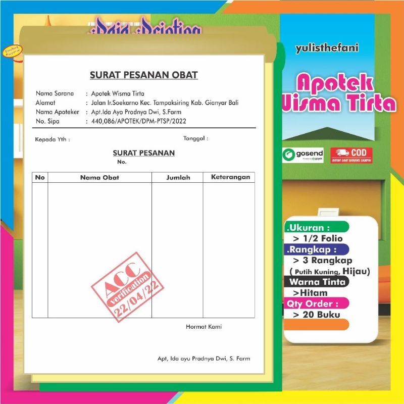 Jual Surat Pesanan Obat Tertentu Apotek Dokter Custom Bisa Request Ukuran 12 Rangkap Minimal 6054