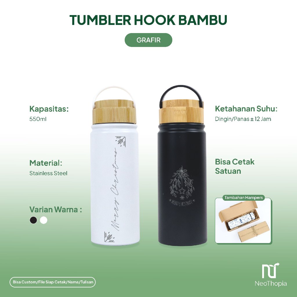 Jual Tumbler Custom Botol Minum Stainless Tutup Bambu Hook 550ml Laser Grafir Souvenir Promosi 4567