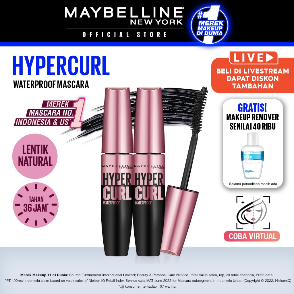 Jual Paket Hemat Isi 2 Maybelline Volum Express Hypercurl Waterproof Mascara Make Up Black 4946