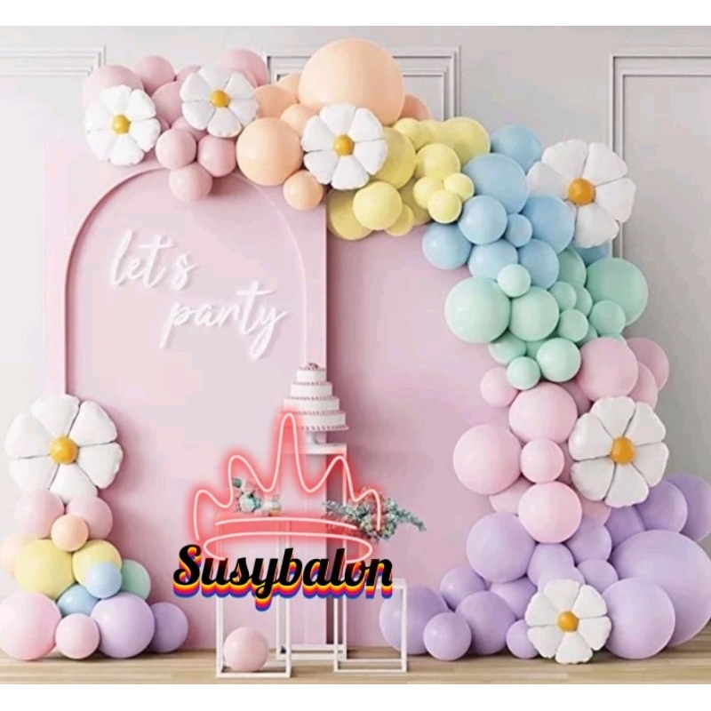 Jual Paket Dekorasi Garland Balon Warna Pastel Bunga Daisy Putih