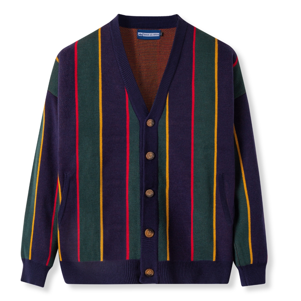 Jual Cardigan Knit - Cozy Knit Cardigan - Navy Tritone Stripes | Shopee ...