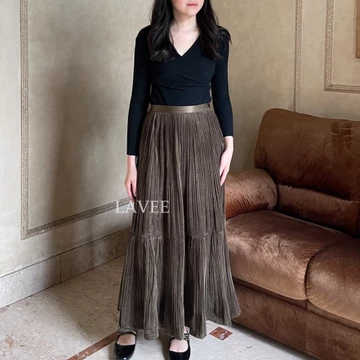 LAVEE Nami Skirt Rok Plisket Suede Panjang Rok Wanita Ruffle 2 Susun Long Pleated Maxi Skirt