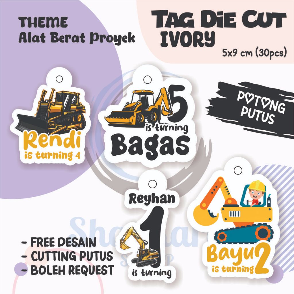 Jual (30pcs) Tag THEME ALAT BERAT PROYEK ( TAG ONLY ) TIDAK TERMASUK ...
