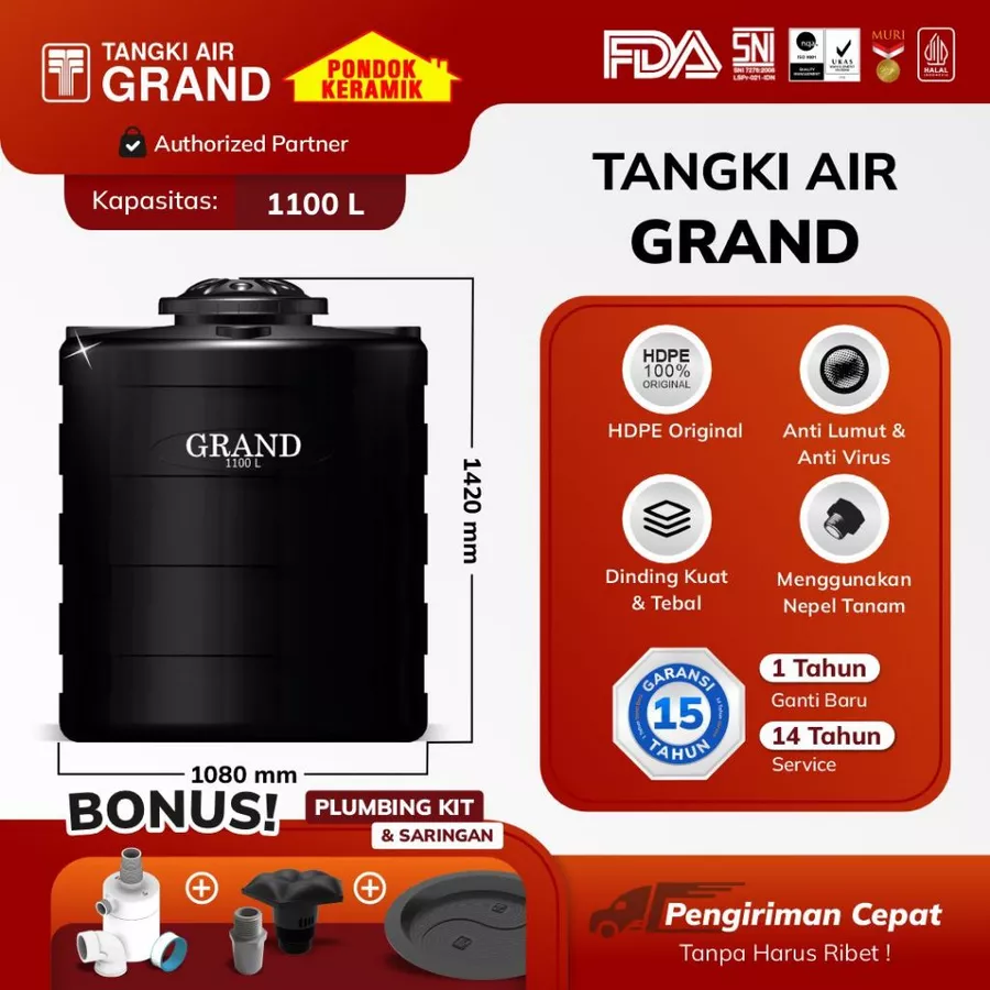 Tandon Toren Tangki Air Tedmond Grand 1100 L Anti Lumut & Sertifikasi Halal Pertama di Indonesia Garansi 15 Tahun