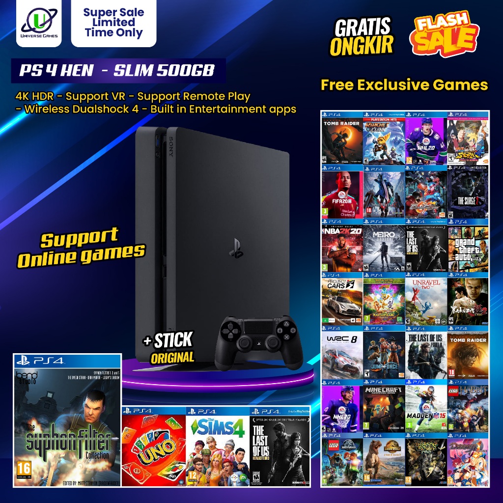 PS4 Hen Second Type Fat Slim Pro Bundle Stick Original Playstation  500Gb 1Tb 2Tb Garansi Toko 12 Bulan Exclusive Game Hen PS Like New 