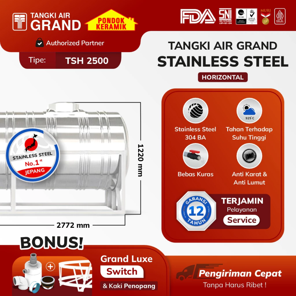 Toren Tangki Air Tandon Stainless Horizontal Tedmond Grand TSH 2500 Anti Lumut & Sertifikasi Halal Pertama di Indonesia Garansi 12 Tahun
