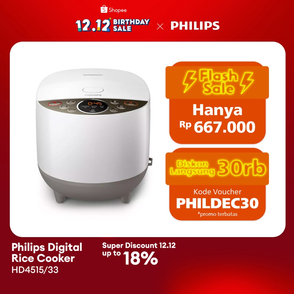 Jual PHILIPS 1.8L Digital Rice Cooker HD4515/33 400Watt, 8 Menu