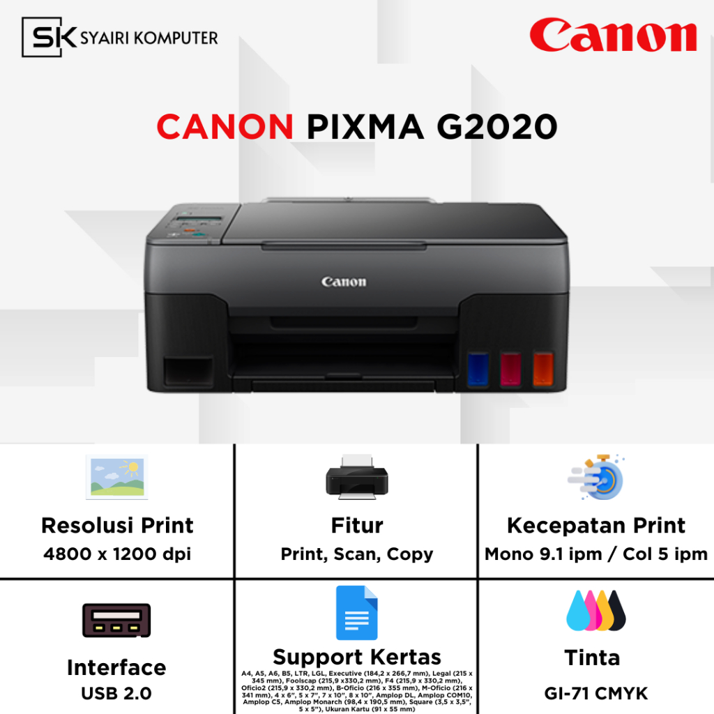 Jual Printer Canon Pixma G2020 3 In 1 ( Print - Scan - Copy ) | Shopee ...