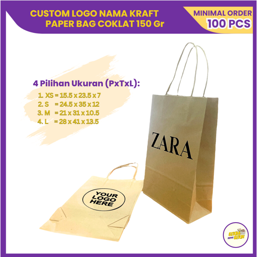 Jual Custom Logo Paper Bag Coklat Nama Perusahaan Toko Tas Belanja