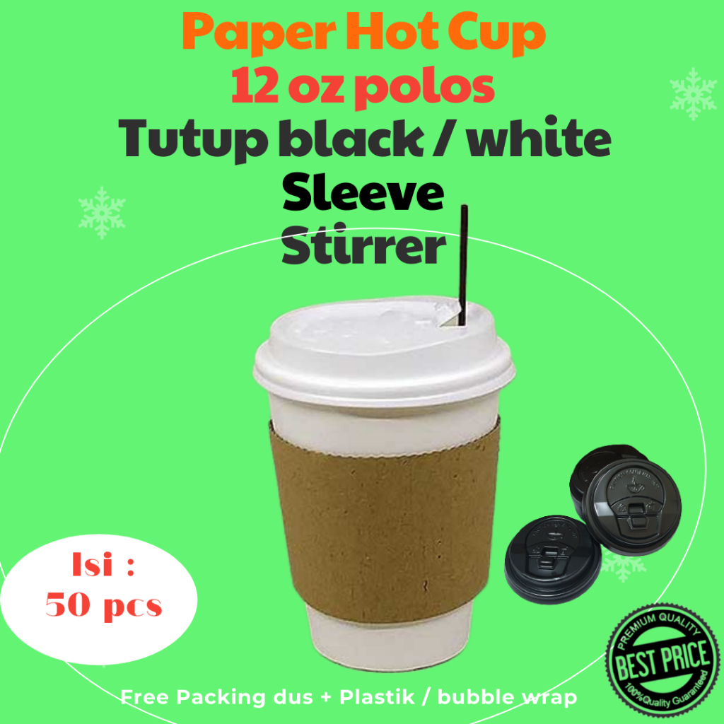 Jual Paket Paper Hot cup 12 oz 360 Polos + Tutup + Sleeve + Stirer isi ...