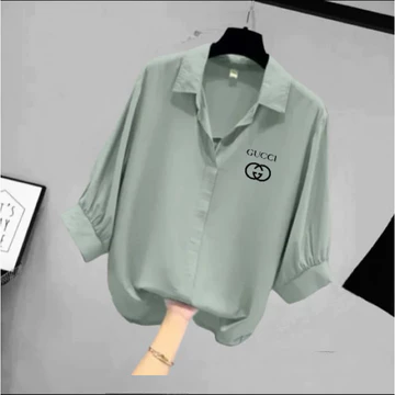 Blouse Wanita Leher V Logo Samping Kemeja Wanita V Korean Style Baju Wanita Lengan Balon 3 4