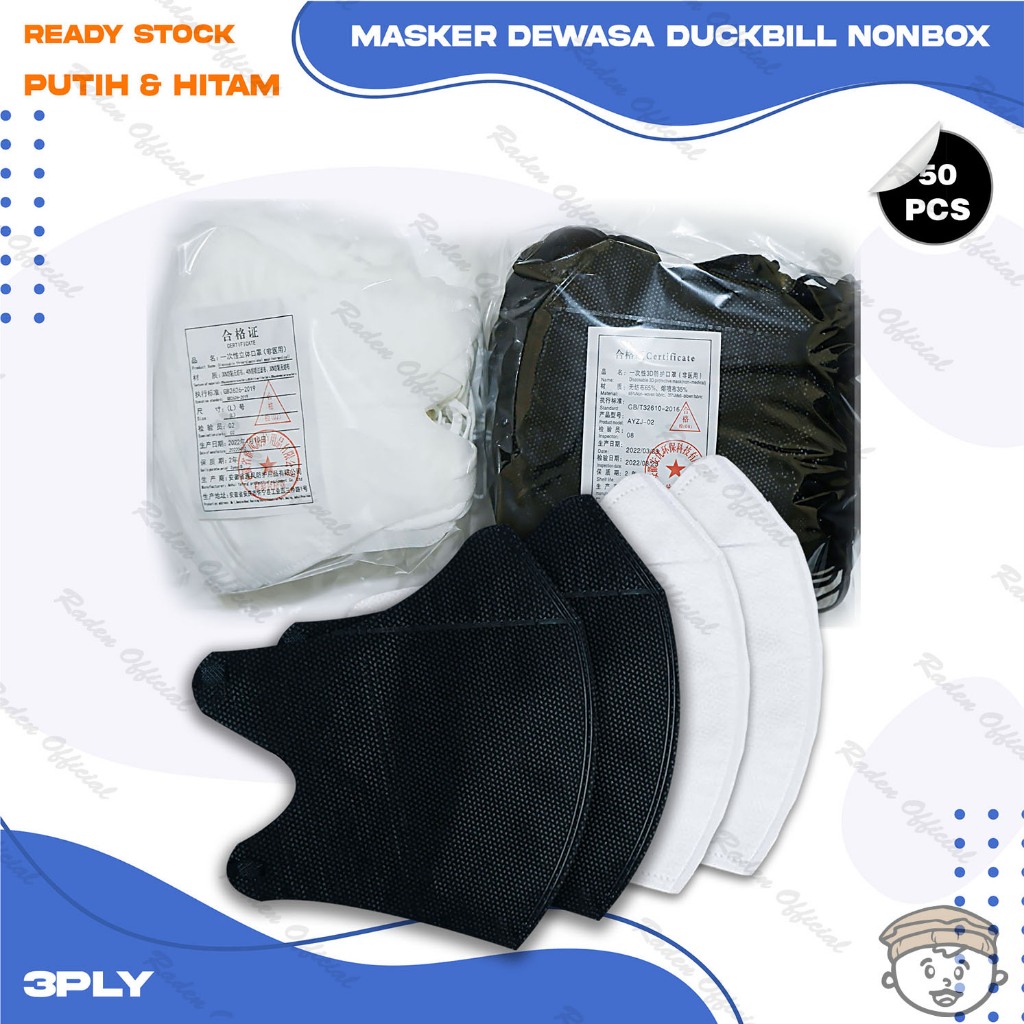 Jual Masker Duckbil NoBox 3Ply Isi 50Pcs Putih Hitam Duckbill 3 Ply ...