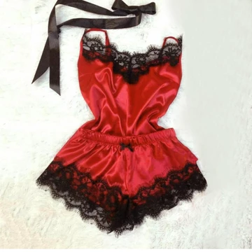 Stelan Piyama Baju Tidur Wanita Tali Satu Celana Pendek Satin Renda 15