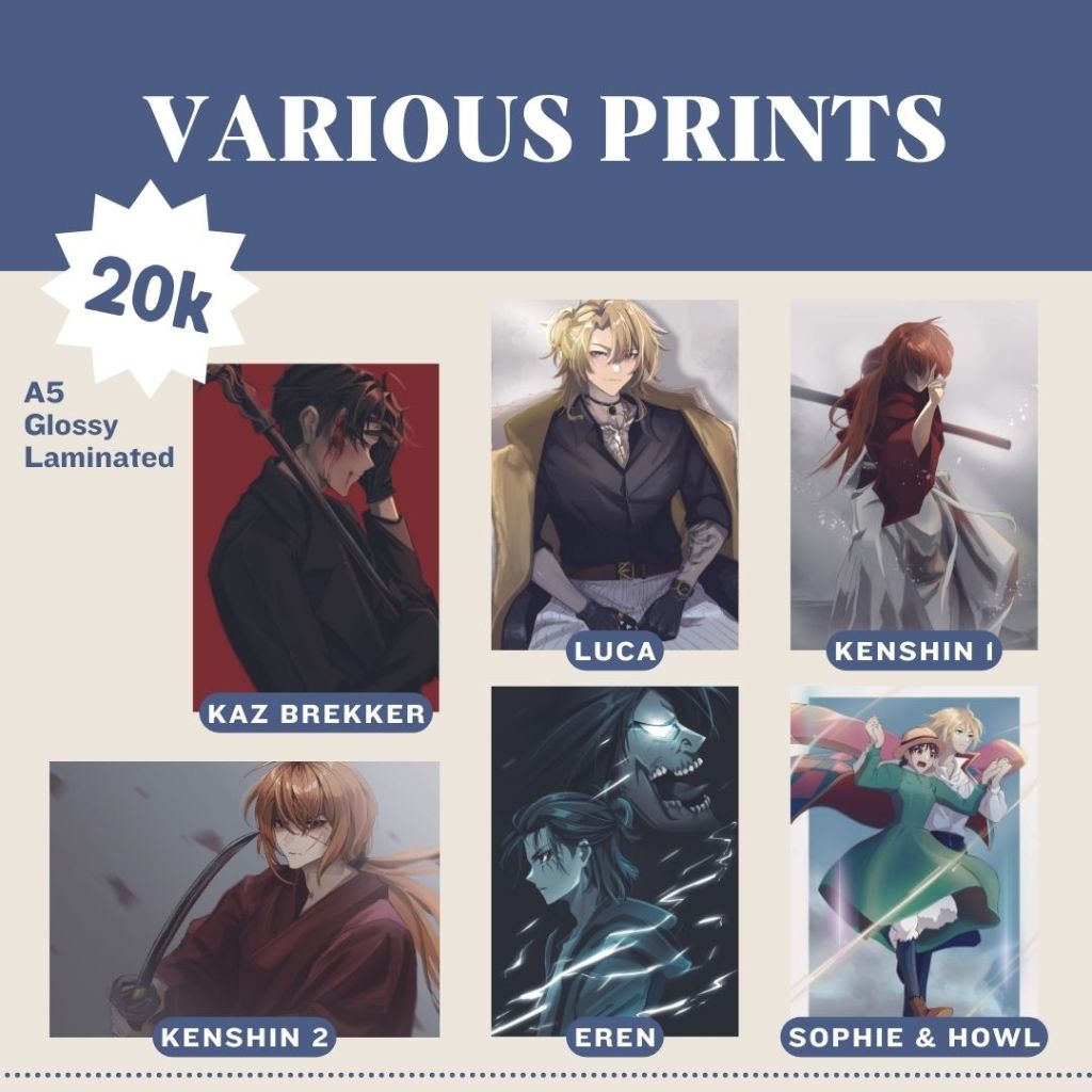 Jual Art Print Various Character // Rurouni Kenshin Attack on Titan
