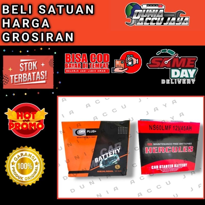 Aki kering DRYPLUS+ dan hercules mf ORI NS60L 46b24L 45ah 12v Corolla Series Corona Series Voxy Charade Classy City Travera Capella T-120SS MPI Evalia Grand Livina Lattio, Livina x-gear, Neo Sunny, Sentra, Sunny, Aerio MT, Baleno, Celerio, Karimun Estilo