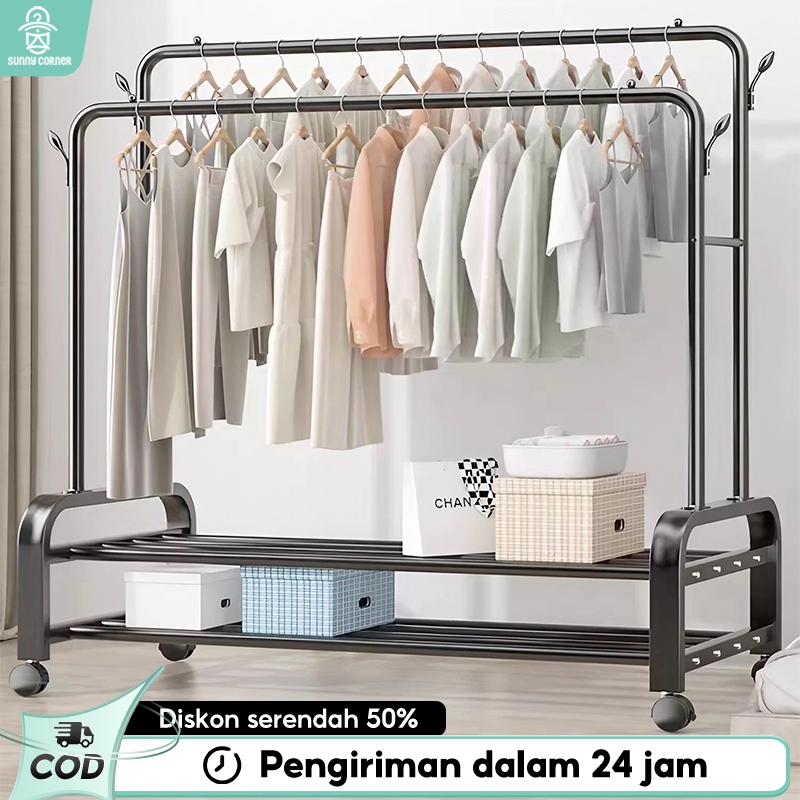 Jual Stand Hanger Rak Gantungan Baju Gawang Besi Rak Pakaian Double