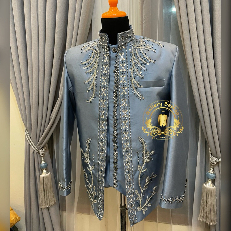 Jual Beskap muslim bahan wool silk warna denim/ basofi premium denim ...