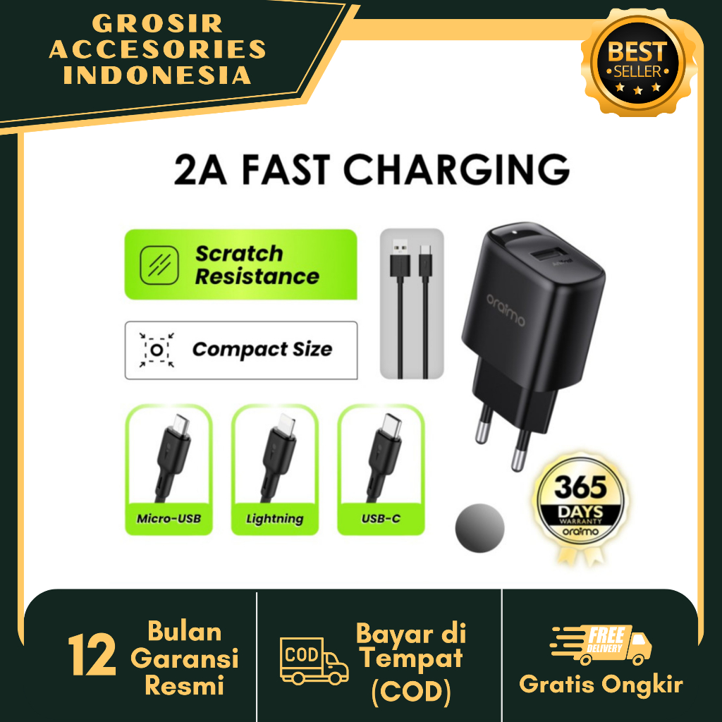 Jual Oraimo Ocw E S M L C Fast Charger A Micro Usb Type C Black Shopee Indonesia