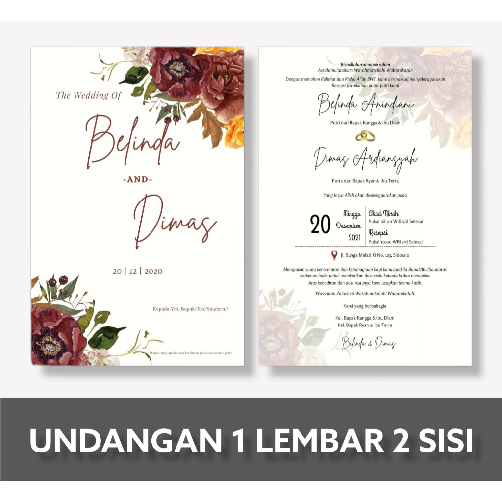 Jual Undangan Pernikahan 1 Lembar 2 Sisi (Bolak-Balik) BC TIK | Shopee