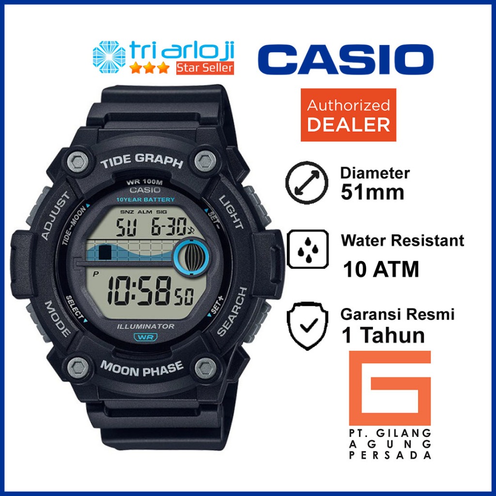 Jual CASIO WS-1300H-1AVDF Jam Tangan Pria Digital Tide Graph Hitam ...