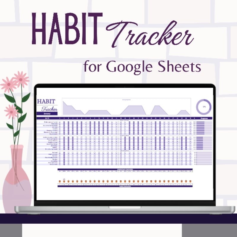 Jual habit tracker google sheets spreadsheet template simple purple