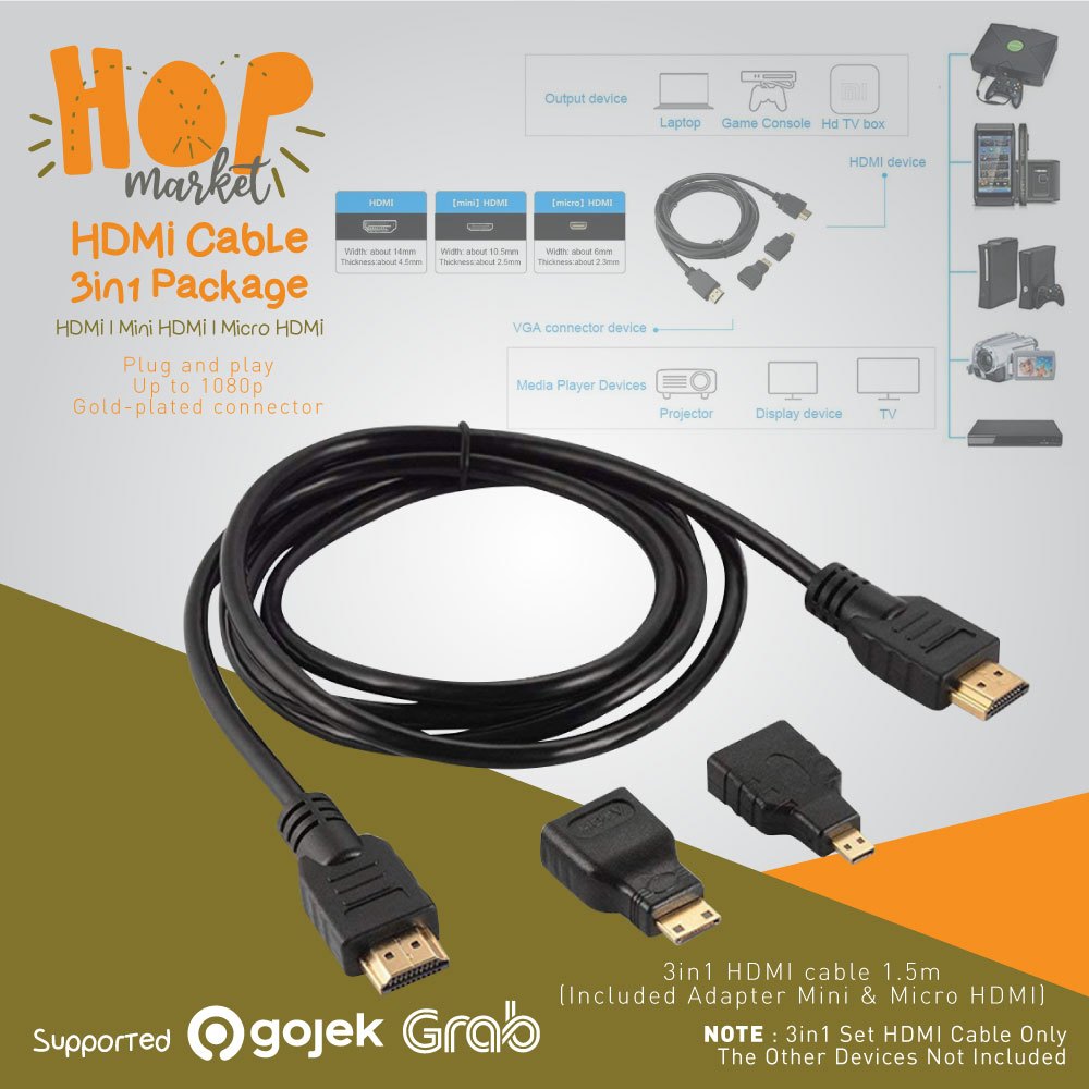 Kabel HDMI 3in1 (Standard Mini Micro HDMI Connector Adaptor) Sambungan  Konektor Meter Cable