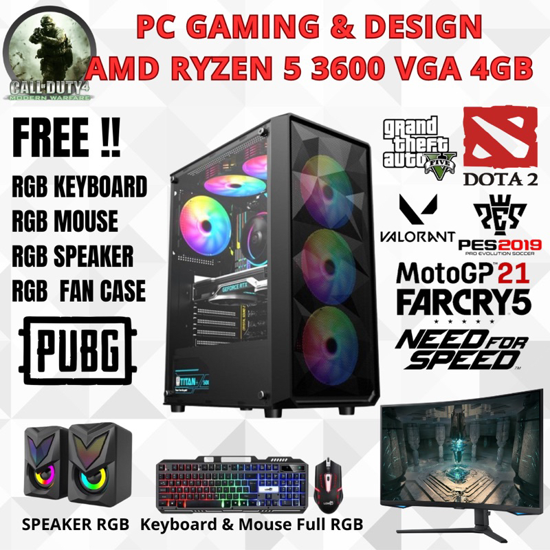 PC Gaming Fullset AMD Ryzen 3600 RAM 16GB VGA 4GB SSD 256GB HDD 500GB LED  24 Inch Curved FHD