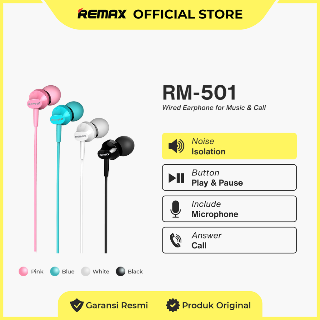 Jual REMAX Wired Earphone In-Ear For Music & Call RM-501 | Shopee Indonesia