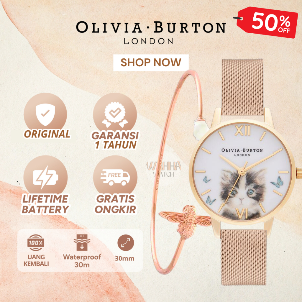 ORIGINAL COD Jam Tangan Olivia Burton OB16WL75 Cat Midi Vegan Nude Cat Motif Dial BERGARANSI