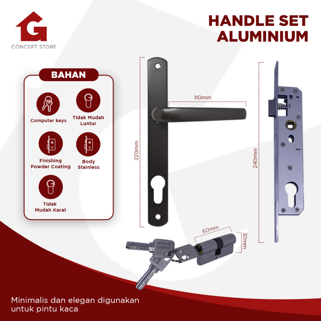 Jual Kunci pintu aluminium warna Coklat Silver / Kunci Kaca (Kunci