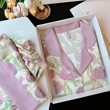 QHST Piyama Wanita Renda Hijau Pola Set Satin Import Pajamas Wanita Baju Tidur Wanita Dewasa