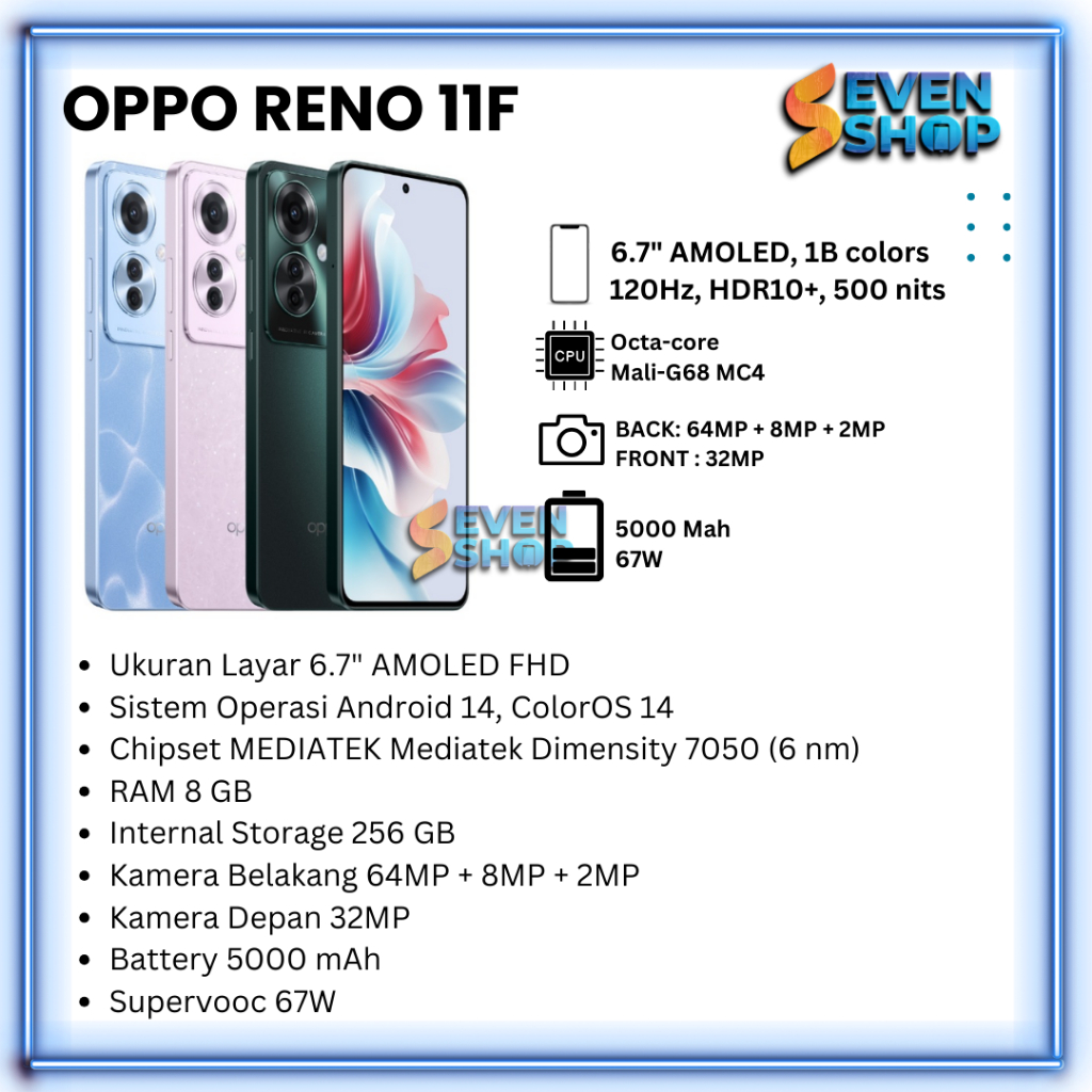 Jual OPPO Reno 11F 5G 8GB/256GB , 67W SUPERVOOC Flash Charge, 5000mAh ...