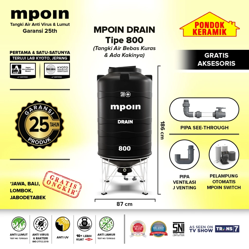 Tandon Mpoin Plus Drain D 800 Tangki Tandon Air 750 Liter Toren Anti Lumut Garansi 25 Tahun