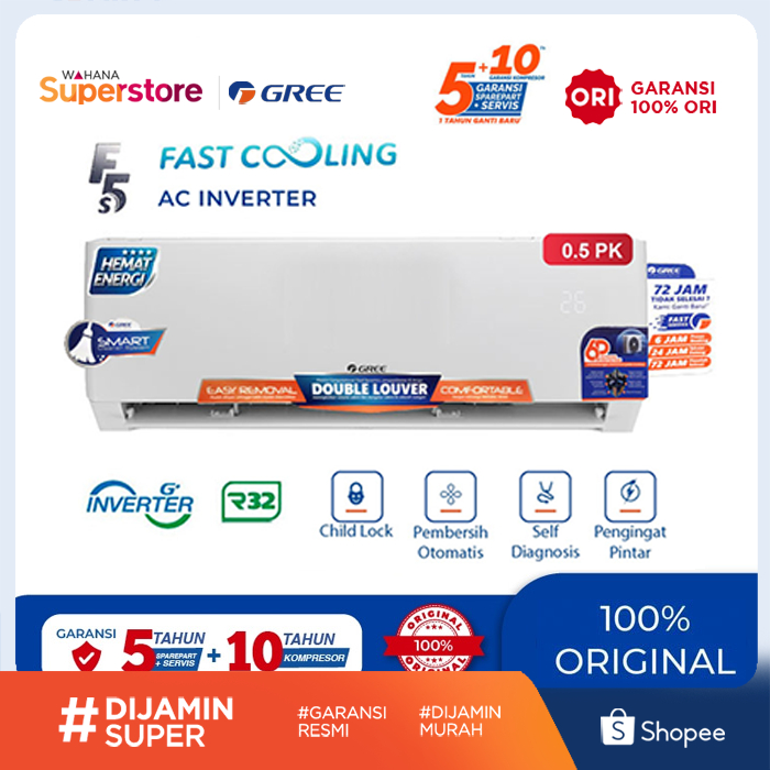 Jual Gree Ac Split Ac Dinding Inverter Smartclean F5s Series 05 Pk 12 Pk R32 250 Watt 5731