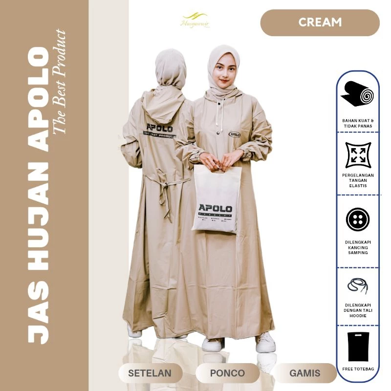 APOLO Mantel gamis/Jas Hujan Gamis Wanita Syar'i Bahan PVC Karet Tebal kuat Anti Air