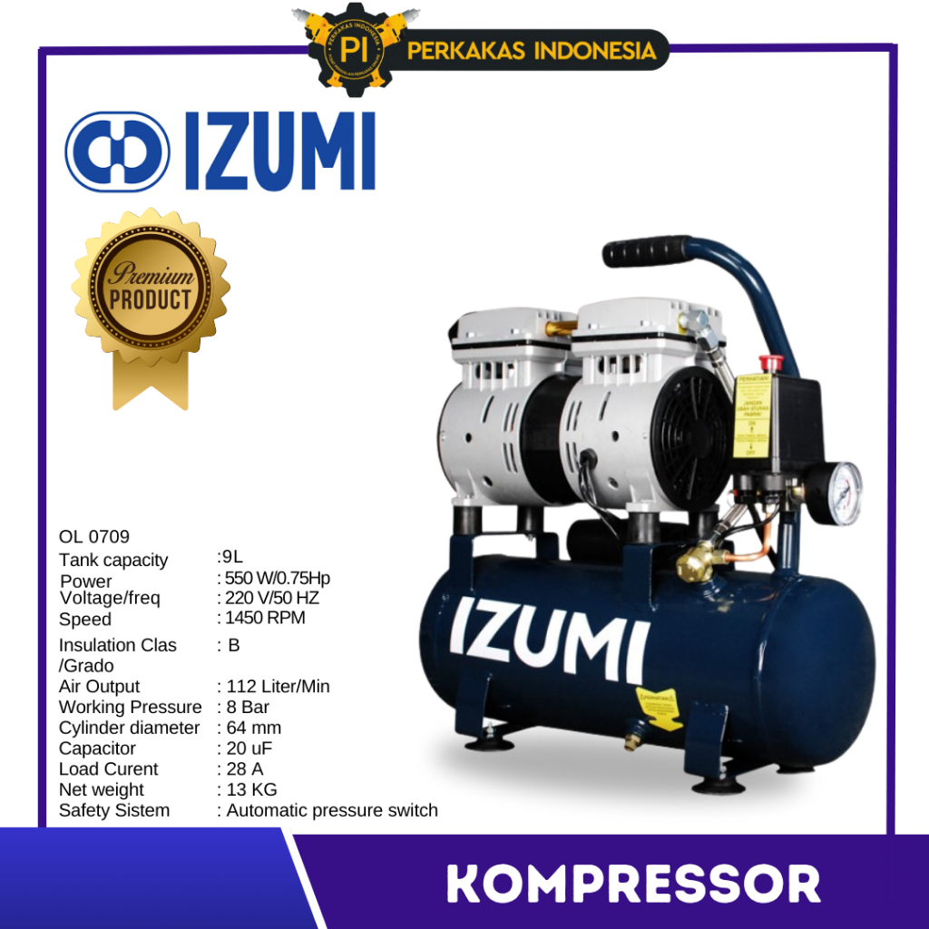 Jual Mesin Kompresor Angin IZUMI OL 0709 Oilless Air Compressor OL0729 ...