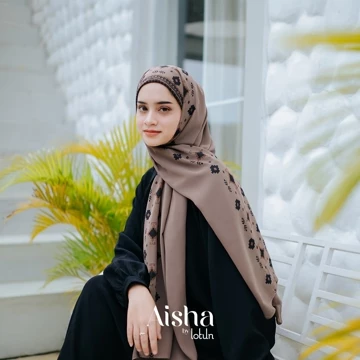 Lotun Aisha Series Hijab Pashmina Instan Printing Motif Etnik Material Premium Coklat Tua