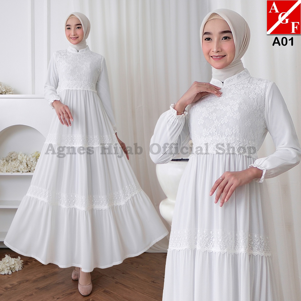 Jual Agnes Hijab Gamis Putih Terbaru Brukat Baju Lebaran 2024 Umroh