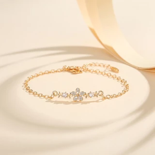 Lanme Jewelry Gelang Tangan Titanium Wanita Kristal Bunga Adjustable Anti Karat Lapis Emas Asli Gelang Wanita Rantai Perhiasan LM420