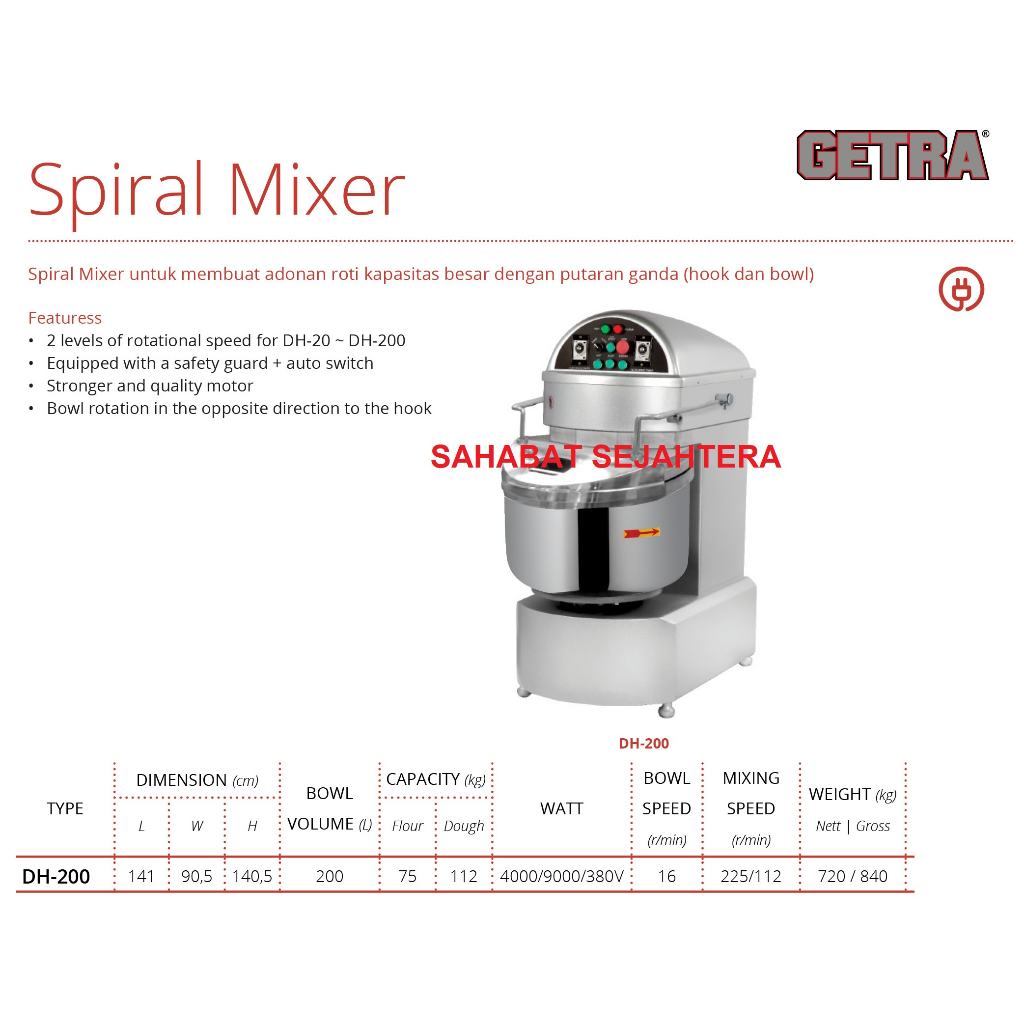 Jual GETRA Spiral Mixer DH-200 Mesin Pembuat Adonan Roti 200L | Shopee ...