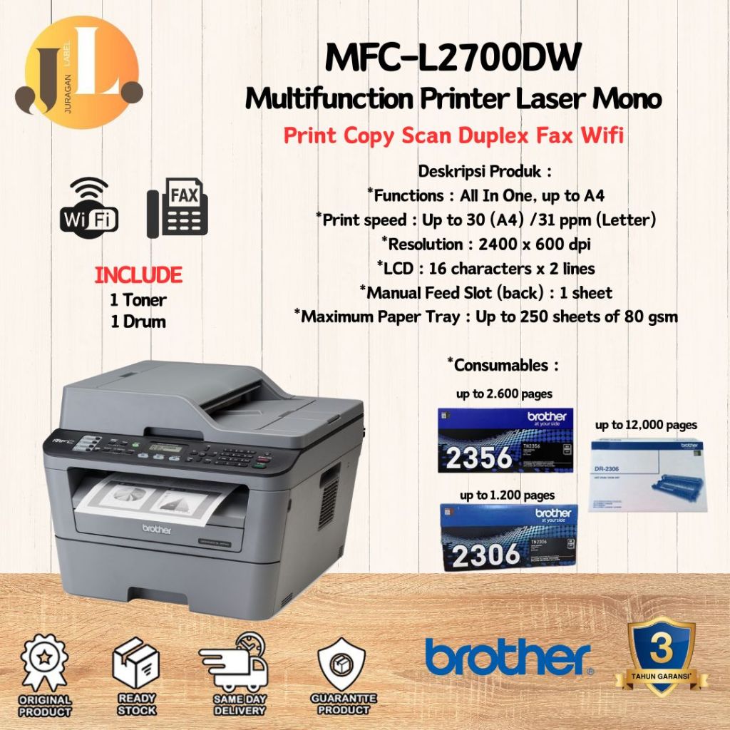 Jual Printer BROTHER MFC-L2700DW Laser Mono All In One Duplex Fax Wifi ...