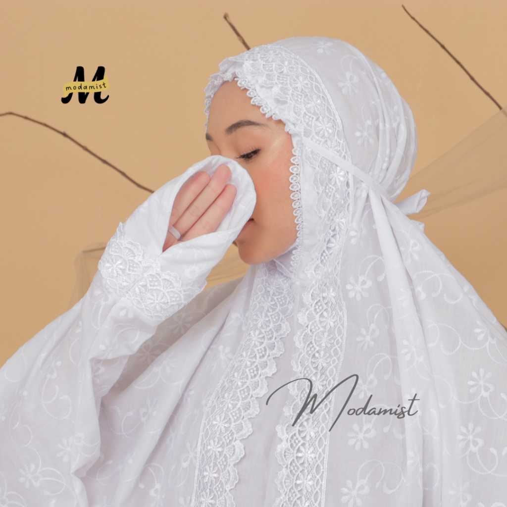 Mukena Terusan Katun Paris Putih Full Bordir Renda Krisdayanti