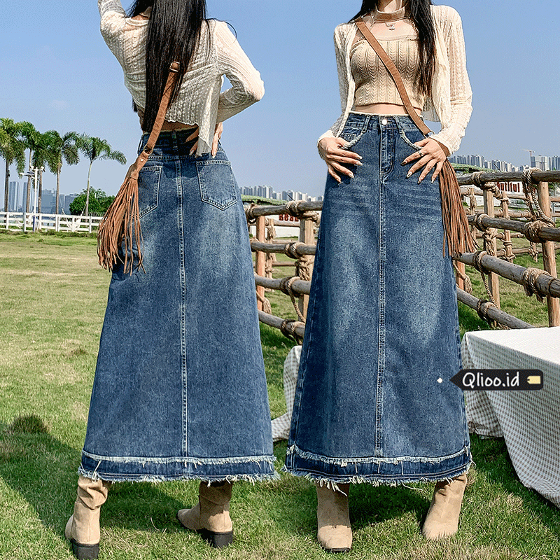 Jual QLIOO Rok denim wanita korea long skirt rok bustier ekstra panjang ...