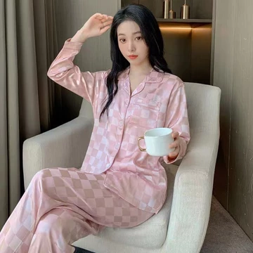 Baju Tidur Piyama Satin Premium Wanita Lengan Panjang Kotak Polos Korean Style