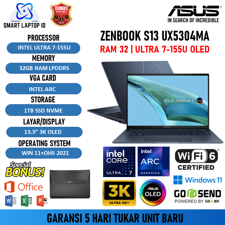 Jual Asus Zenbook S13 Oled Ux5304ma Ultra 7 155u 32gb 1tb W11 Ohs 13 3