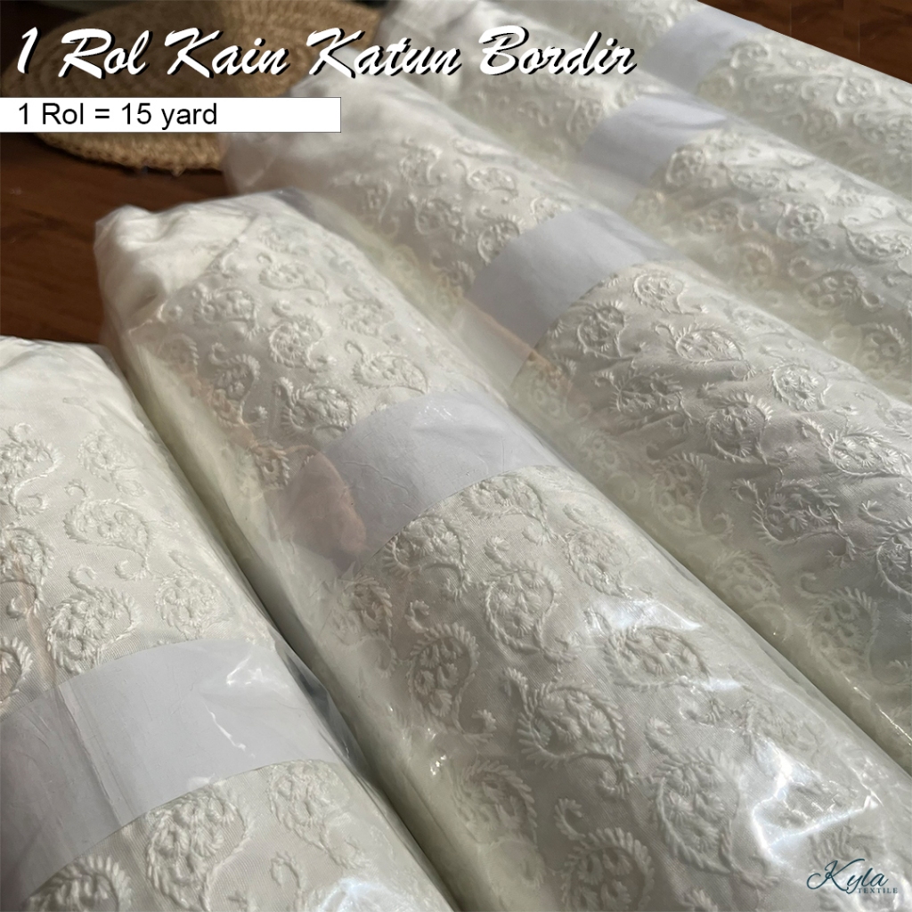 1 ROL KAIN KATUN BORDIR BAHAN MUKENA/GAMIS/DRESS WARNA BW